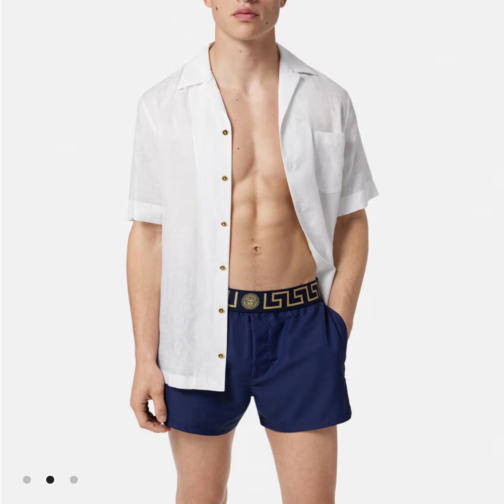 NWT Men’s Versace Royal Blue Swim Trunks with Gold Greca Waistband